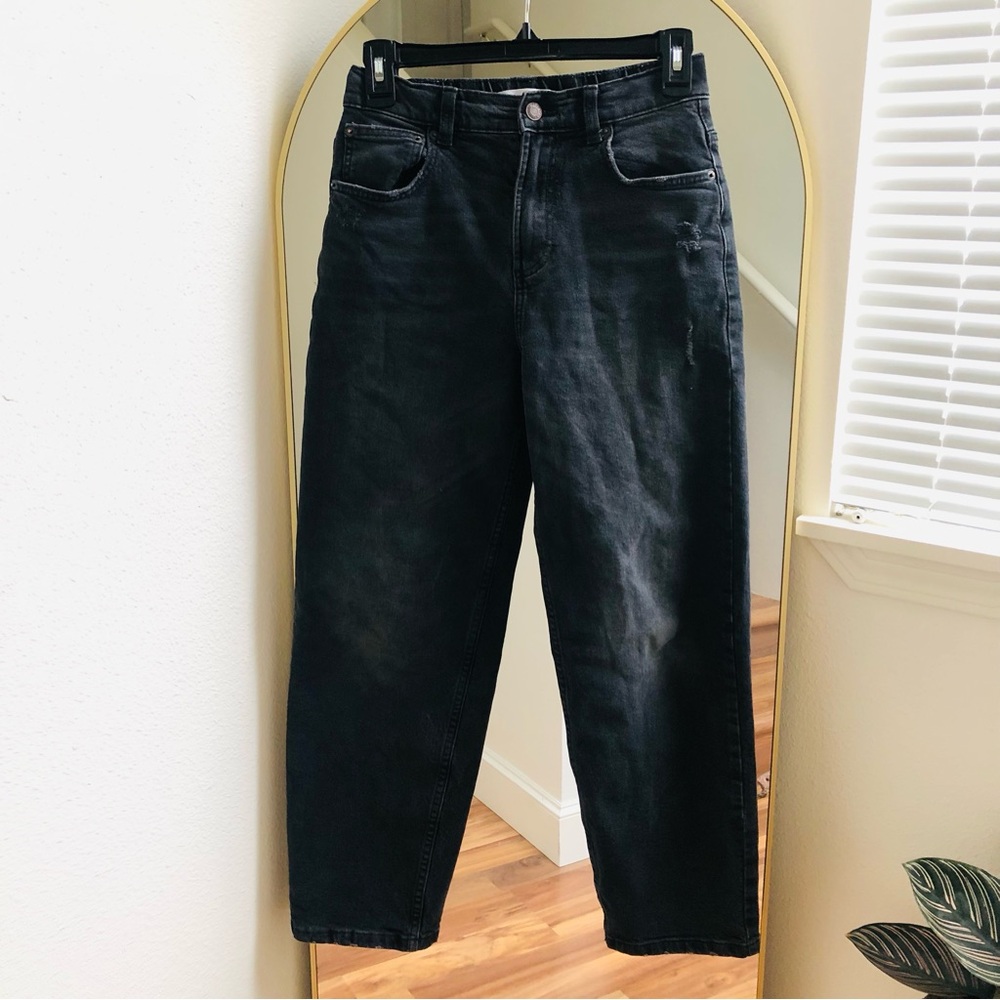 Zara Kids Girl’s Black Straight Denim Jeans Adjustable Waist Distressed 12-13